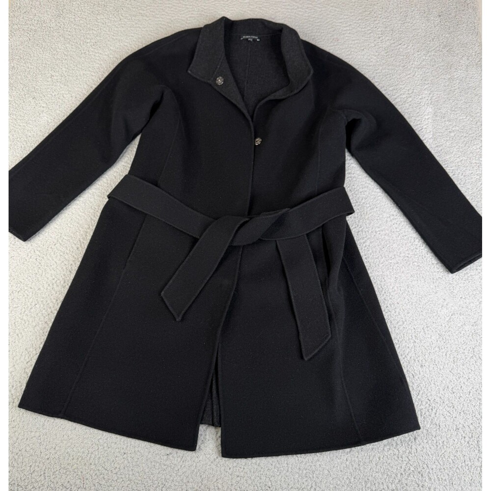 EILEEN FISHER Wool Blend Coat Womens M Black Long Jacket Overcoat Snap Belted